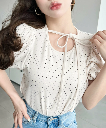 🇯🇵JAPAN ♥  波點荷葉袖綁帶蝴蝶結上衣 Polka-dot blouse with ruffled sleeves and a tie-front bow (ss-jr07211)
