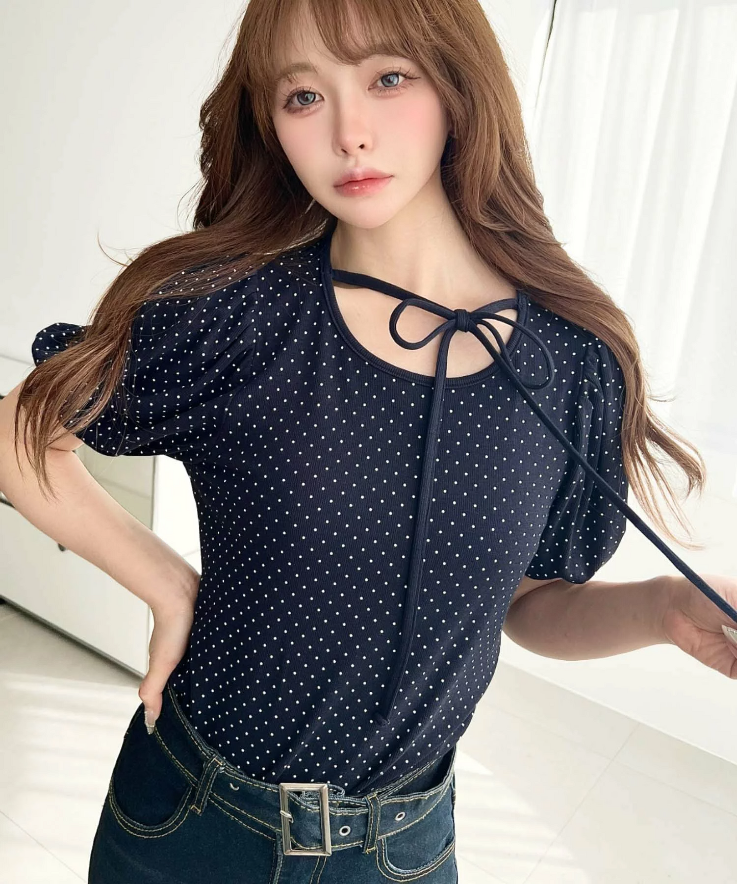 🇯🇵JAPAN ♥  波點荷葉袖綁帶蝴蝶結上衣 Polka-dot blouse with ruffled sleeves and a tie-front bow (ss-jr07211)
