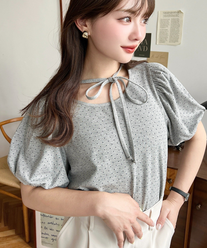 🇯🇵JAPAN ♥  波點荷葉袖綁帶蝴蝶結上衣 Polka-dot blouse with ruffled sleeves and a tie-front bow (ss-jr07211)