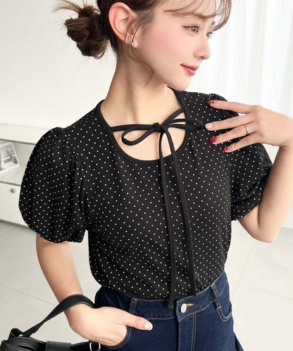 🇯🇵JAPAN ♥  波點荷葉袖綁帶蝴蝶結上衣 Polka-dot blouse with ruffled sleeves and a tie-front bow (ss-jr07211)