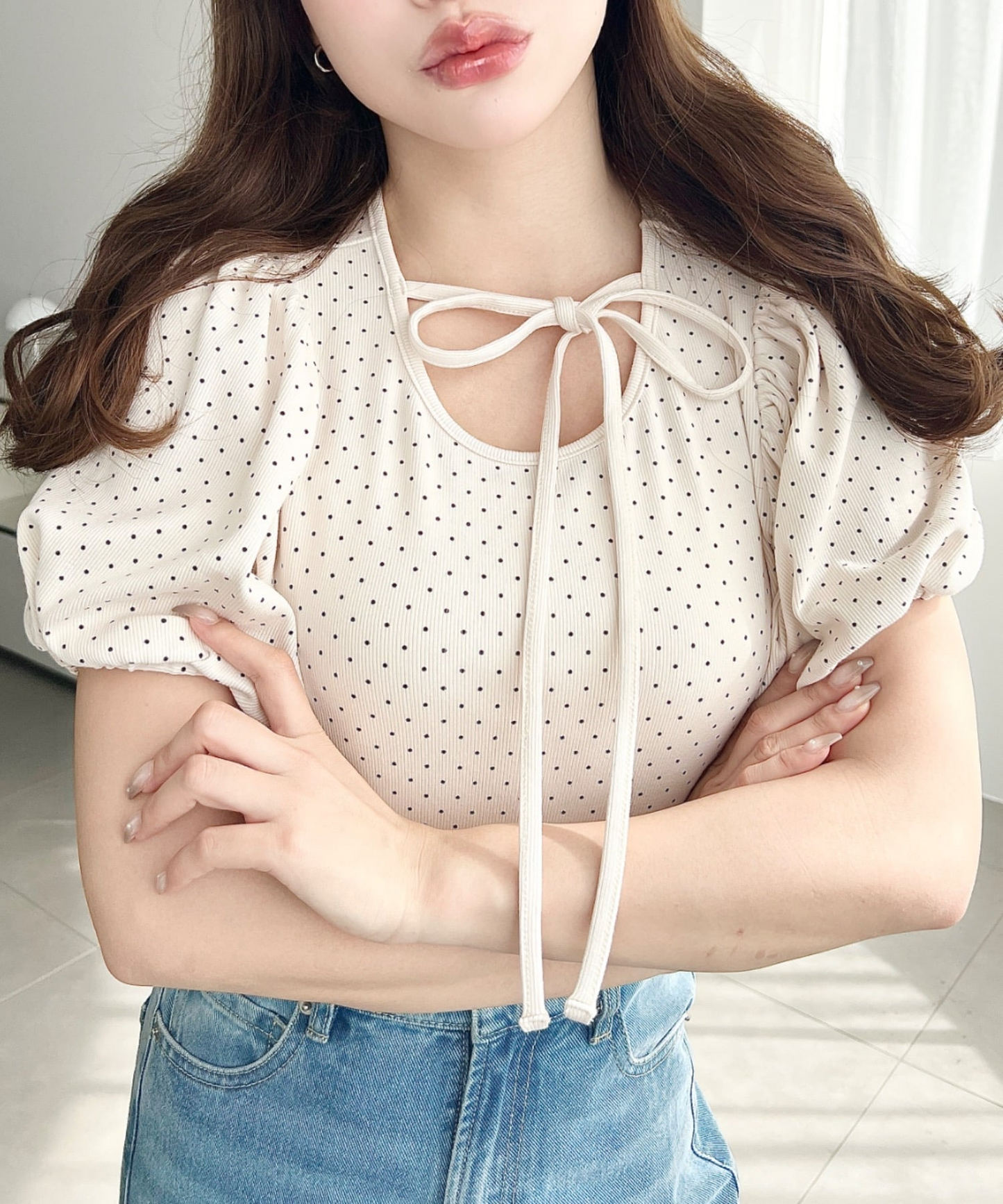 🇯🇵JAPAN ♥  波點荷葉袖綁帶蝴蝶結上衣 Polka-dot blouse with ruffled sleeves and a tie-front bow (ss-jr07211)