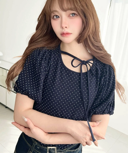 🇯🇵JAPAN ♥  波點荷葉袖綁帶蝴蝶結上衣 Polka-dot blouse with ruffled sleeves and a tie-front bow (ss-jr07211)