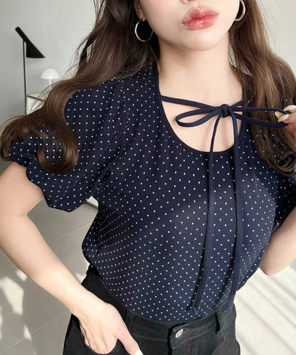 🇯🇵JAPAN ♥  波點荷葉袖綁帶蝴蝶結上衣 Polka-dot blouse with ruffled sleeves and a tie-front bow (ss-jr07211)