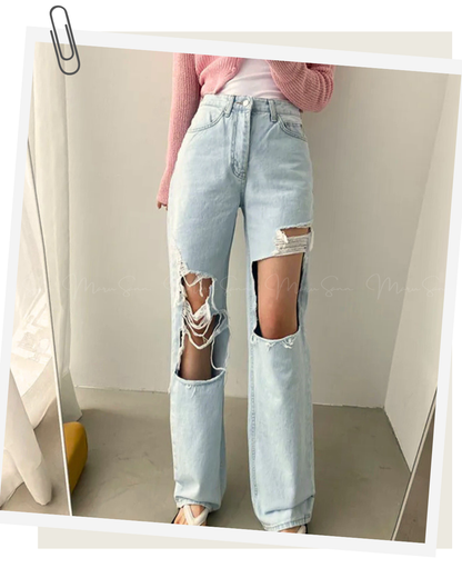 🇰🇷KOREA ♥ 高腰條肚腩破洞爛牛仔褲
High waist damage ripped blue jeans (SS-KSS61754768)