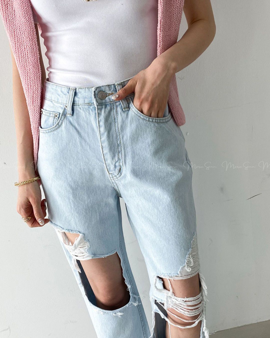 🇰🇷KOREA ♥ 高腰條肚腩破洞爛牛仔褲
High waist damage ripped blue jeans (SS-KSS61754768)