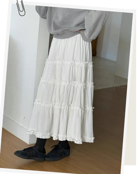 🇰🇷KOREA ♥ High Waist Plain Ruffle Maxi A-Line Skirt
高腰純色荷葉邊絨面A字長裙(2色入)
🔎 ɪᴛᴇᴍ ɴᴏ：SS-KSS97235683