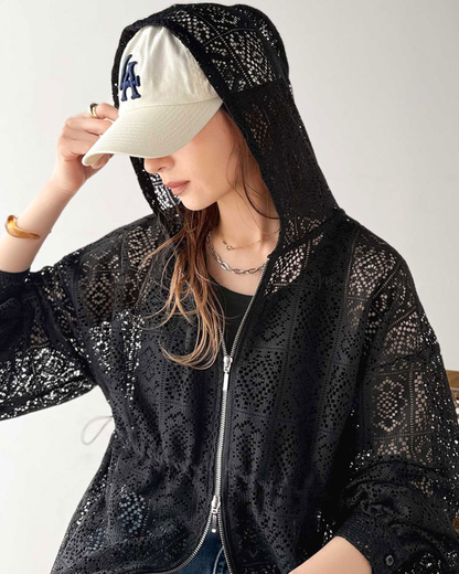 🇯🇵 JAPAN ♥ 復古拼接蕾絲抽繩腰帶雙拉鍊連帽衫（2色）  🔎 ɪᴛᴇᴍ ɴᴏ：SS-JRJV1010454