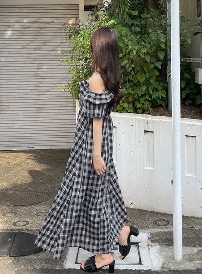 🇯🇵日本 格紋露肩喇叭連身裙 ◇ Japan Checked off-the-shoulder flared dress 🔎 ɪᴛᴇᴍ ɴᴏ：SS-jgnr3660