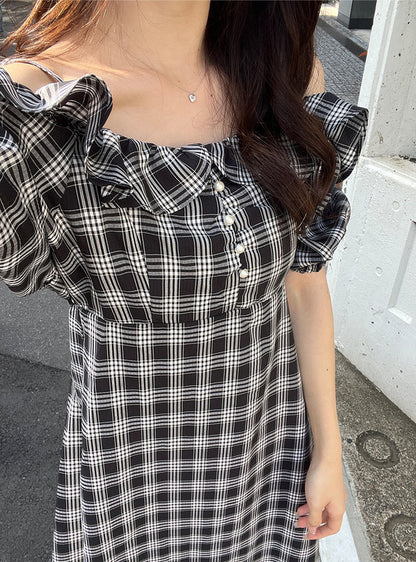 🇯🇵日本 格紋露肩喇叭連身裙 ◇ Japan Checked off-the-shoulder flared dress 🔎 ɪᴛᴇᴍ ɴᴏ：SS-jgnr3660