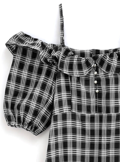 🇯🇵日本 格紋露肩喇叭連身裙 ◇ Japan Checked off-the-shoulder flared dress 🔎 ɪᴛᴇᴍ ɴᴏ：SS-jgnr3660