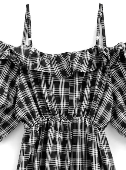 🇯🇵日本 格紋露肩喇叭連身裙 ◇ Japan Checked off-the-shoulder flared dress 🔎 ɪᴛᴇᴍ ɴᴏ：SS-jgnr3660