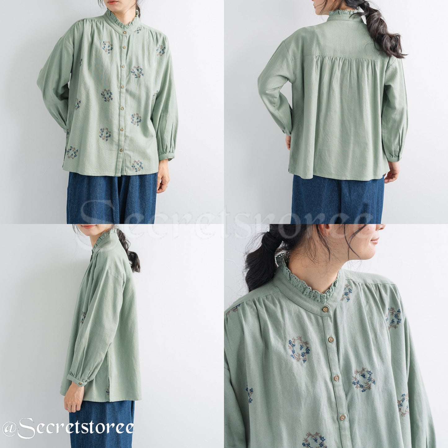 🇯🇵日本｜田園少女系刺繡純棉襯衫（3色入）刺繍入りシャツブラウス レディース トップス