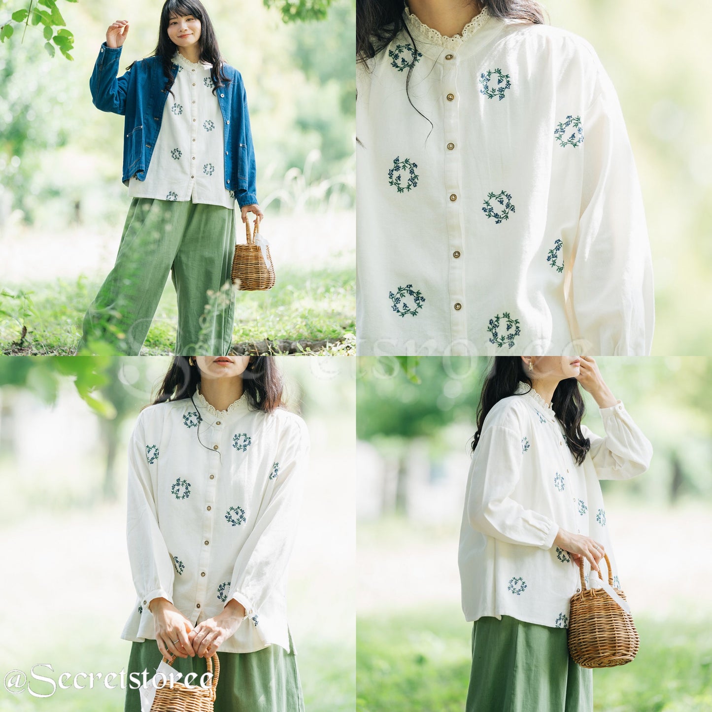 🇯🇵日本｜田園少女系刺繡純棉襯衫（3色入）刺繍入りシャツブラウス レディース トップス