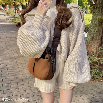 🇯🇵日本 泡泡袖拉鍊針織外套連短褲套裝 2件套 mb1471