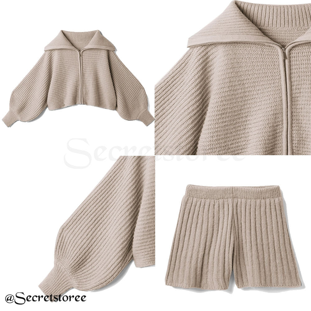 🇯🇵日本 泡泡袖拉鍊針織外套連短褲套裝 2件套 mb1471