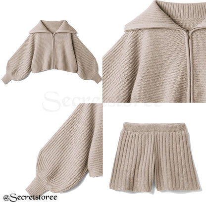 🇯🇵日本 泡泡袖拉鍊針織外套連短褲套裝 2件套 mb1471