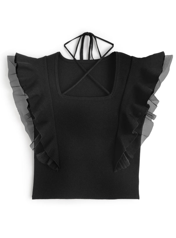 🇯🇵 JAPAN ♥ Cross-neck frilled-sleeve knitted top 絕美！交叉領荷葉邊袖針織上衣 jg2161