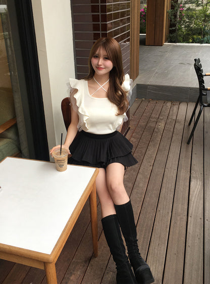 🇯🇵 JAPAN ♥ Cross-neck frilled-sleeve knitted top 絕美！交叉領荷葉邊袖針織上衣 jg2161